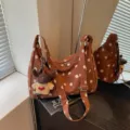 Women brown polka dot suede hobo bag vintage large capacity shoulder crossbody bag - With Pendant / Brown