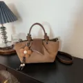 Minimalist retro brown suede handbag with chic flower charm, versatile single shoulder tote bag. - With Pendant / Brown