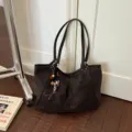 Cross-border autumn winter large capacity tote bag women simple single shoulder commuter bag - With Pendant / Dark Coffee