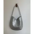 Silver Woven Leather Shoulder Bag Elegant Hobo Commuter Bag Stylish Daily Handbag - No Pendant / Silver