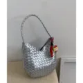 Silver woven shoulder bag for women, stylish underarm hobo bag, trendy metallic commuter bag. - With Pendant / Silver
