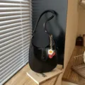 Black minimalist hobo shoulder bag for women, stylish summer PU leather retro saddle bag. - With Pendant / Black