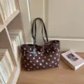 Retro brown polka dot suede tote bag for women, large capacity stylish shoulder bag with lock. - No Pendant / Coffee