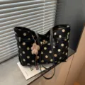 Black Polka Dot Suede Shoulder Tote Bag, Vintage Large Capacity Handbag for Women - With Pendant / Black