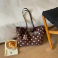 Autumn winter vintage large capacity women handbag polka dot suede shoulder tote bag - With Pendant / Coffee