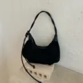 Bolso de ante negro estilo dumpling, elegante bolso de hombro retro minimalista. - Negro
