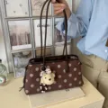 Brown polka dot suede shoulder bag for women, elegant commuter handbag with cute bear charm. - With Charm / Maillard Coffee