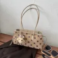 Brown polka dot suede shoulder bag with cute bear pendant daily commute for women - With Charm / Milk Tea Apricot