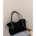 Bolso tote de ante negro para mujer, bolso de hombro grande, bolso de mano casual de invierno. - Sin colgante / Negro