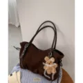 Brown suede tote bag for women, casual shoulder bag with cute bear pendant for daily commuting. - With Pendant / Coffee
