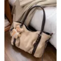 Brown suede tote bag with cute bear pendant, stylish women shoulder commute bag variant. - With Pendant / Apricot