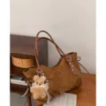 Brown suede tote bag for women, large capacity shoulder bag with cute bear pendant for autumn. - With Pendant / Brown
