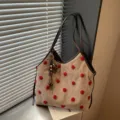 Retro plush polka dot suede shoulder tote bag, stylish brown underarm handbag for women. - Khaki (With Charm)