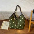 Retro dark green suede tote bag with white plush polka dots and brown handles, casual shoulder bag. - Green (With Charm)