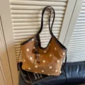 Vintage brown suede tote bag with white fluffy polka dots, stylish shoulder bag for women. - Brown (With Charm)