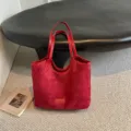Bolso tote de ante rojo vintage de gran capacidad, bolso de hombro liso minimalista para mujer. - Sin colgante / Burdeos