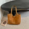 Bolso tote de ante retro de gran capacidad para mujer, bolso de hombro liso y versátil. - Sin colgante / Marrón