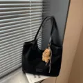 Vintage black suede tote bag with cute bear keychain, large capacity shoulder bag. - With Pendant / Black