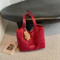 Vintage large capacity women tote bag simple solid color suede shoulder bag with cute puppy pendant. - With Pendant / Burgundy