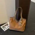 Retro large capacity suede tote bag, minimalist solid color shoulder bag for women. - With Pendant / Brown
