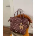 Bolso tote de lona con lunares marrones para mujer, gran bolso de hombro con bonito osito. - Con Colgante / Café