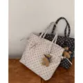 Bolso Tote de Lona con Lunares Casual Bolso de Hombro con Osito Lindo para Mujeres - Con Colgante / Albaricoque