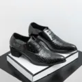 Schwarze Herren Lackleder High Heel Business Schuhe, Kroko Prägung Spitz Schnürung. - 38 / Schwarz