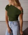 Women's slim-fit ribbed short sleeve t-shirt with chic metal ring detail for summer. - S / Tops / Army Green