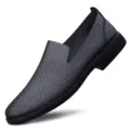 Men's black breathable perforated slip-on casual leather driving shoes for daily wear. - 38 / Black Hollow Grid Style