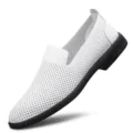 Men white perforated leather slip-on shoes breathable casual loafer driving shoes - White Hollow Style