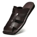 Men's summer casual woven leather sandals, breathable slip-on beach shoes with anti-slip sole. - 39 / Brown
