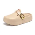 Beige platform clogs with golden square buckle and Greek key pattern, comfortable slip-on shoes for women. - 35 / Beige