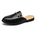 Men black crocodile pattern leather mule shoes casual slip-on loafer with metal buckle - 38 / Black