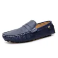 Men's blue leather loafer casual slip-on driving shoes with white stitching details. - 35 / Blue