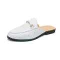 Men's white casual flat mule loafers with metal horsebit buckle, slip-on summer shoes. - 38 / White