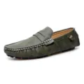 Men's casual loafers slip-on driving moccasins green leather shoes with contrast white stitching. - 35 / Green