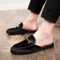 Men black velvet slip on backless mules casual shoes with golden horsebit detail - 38 / Black