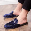 Men stylish velvet casual backless loafers slip on flat mules shoes breathable footwear - 38 / Blue
