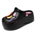 Women black platform garden shoes summer thick sole beach clogs with cute cartoon charms. - Black