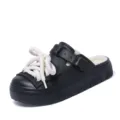 Winter thick-soled plush fleece-lined casual clogs with stylish fat laces and side buckle. - 36-37 / Black