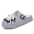 Winter warm plush lined thick platform clogs casual slip-on shoes with decorative laces. - 36-37 / Gray