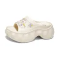 Beige platform slide sandals for women with cute floral decor summer beach casual shoes - 35 / White