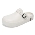 Men's closed-toe white clogs featuring adjustable black buckle, casual outdoor footwear. - 38-39 / White