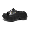 Women thick sole platform slide sandals, black summer beach shoes with cute floral charms. - 35 / Black