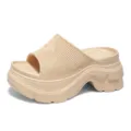 Thick platform slide sandals for women, open toe summer beach outdoor casual shoes in beige. - 35 / Khaki