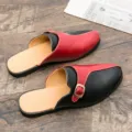 Men's color-block leather backless loafers slip-on casual half shoes for summer outdoor wear. - 38 / Black and Red