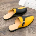 Men's fashion retro color-blocked leather backless mules casual slip-on loafers summer shoes - 38 / Black and Yellow