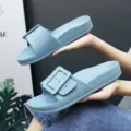 Unisex summer thick-soled slide sandals with large buckle casual beach couple shoes soft - Blue
