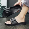 Unisex black slide sandals with stylish square buckle, comfortable daily summer casual shoes. - 36 / Black