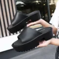 Women platform slides summer thick sole solid color casual outdoor slip on sandals shoes - 36 / Black